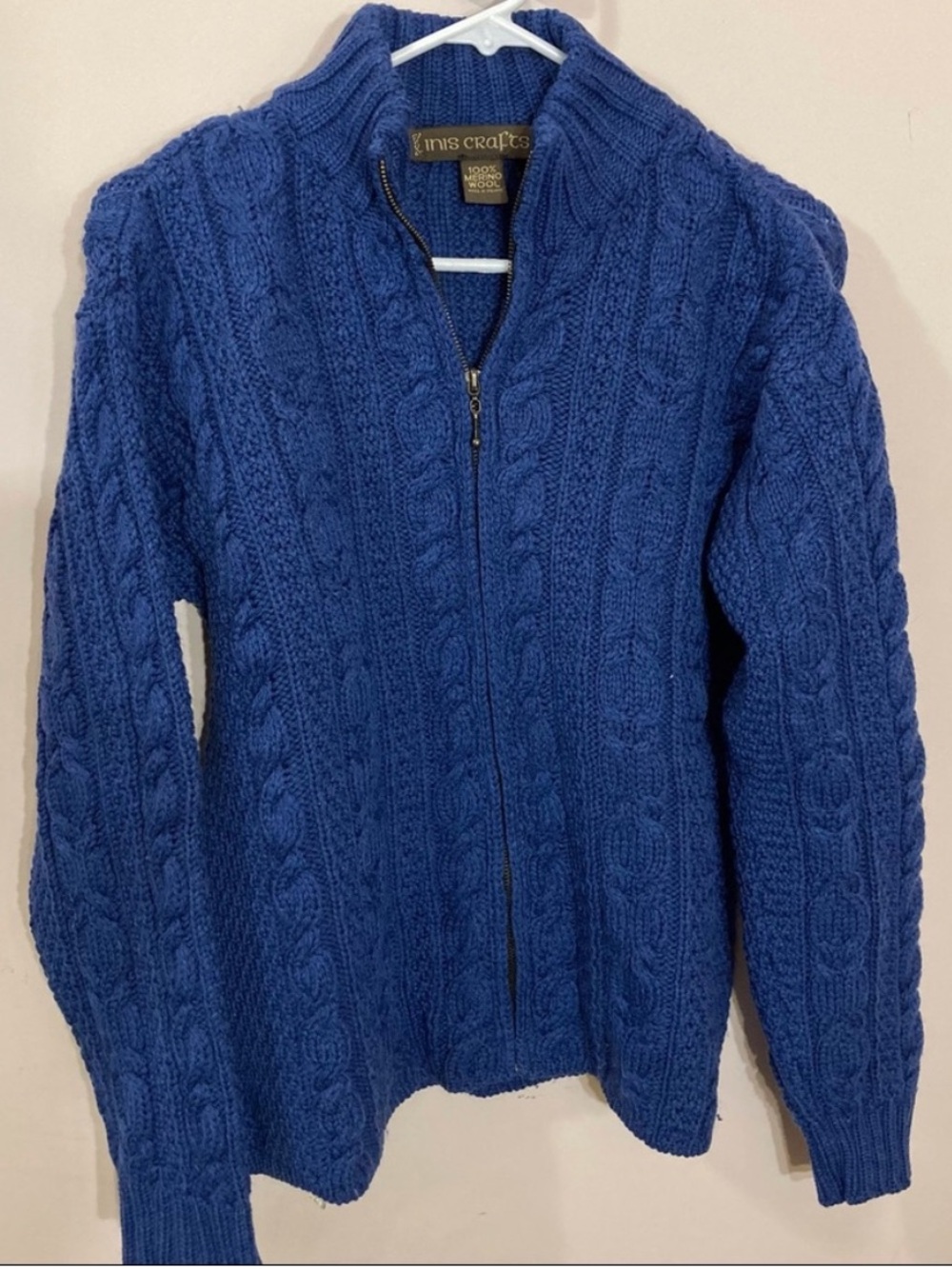 Irish Inis Crafts Blue wool cable knit full zip cardigan, M